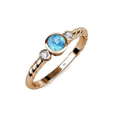 

Blue Topaz and Diamond (SI2-I1 G-H) Three Stone Rope Ring 0.73 ct tw in 14K Rose Gold.size 7.0