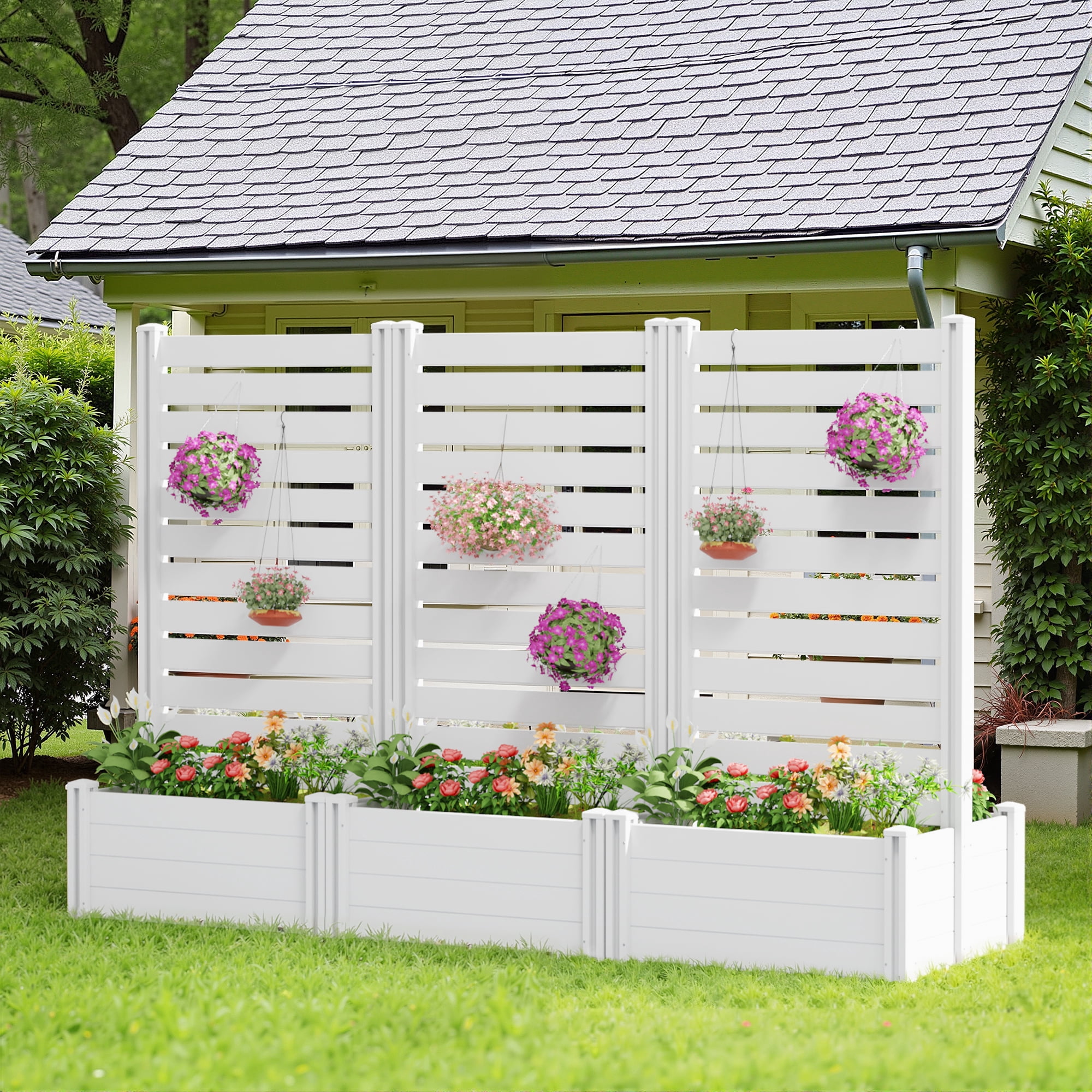 MAYEERTY Outdoor White PVC Rectangular Planter Box with Trellis for Climbing Plants, Raised Garden Bed