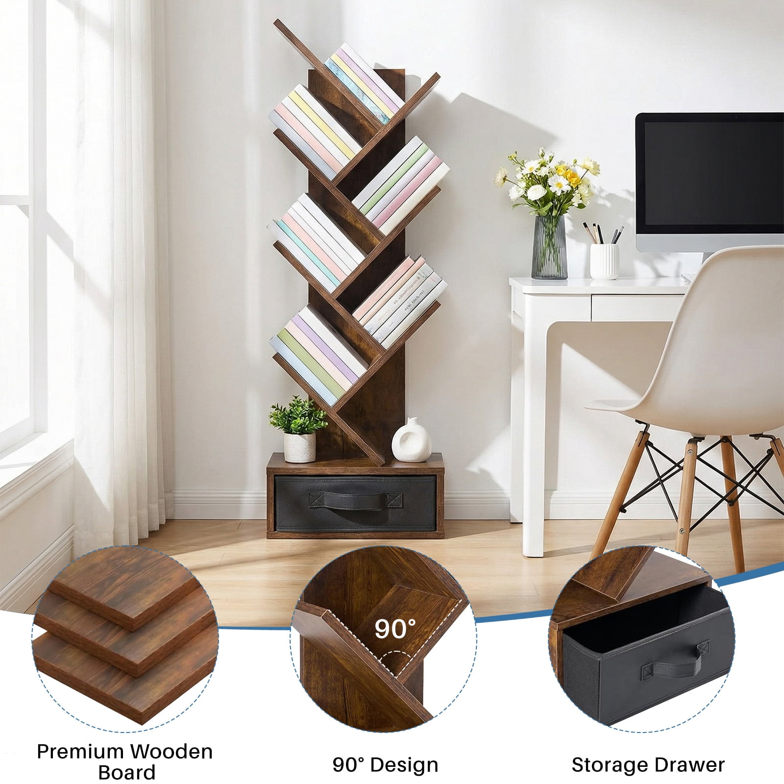 7 Tier Tree Bookshelf, Sturdy Bookcase with Storage Drawer Cabinet, Book Organizer Shelves for Home Office