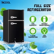 TACOOL Small Retro Mini Fridge with Top Freezer 100 Liter Dual Door Compact Refrigerator with Adjustable Thermostat LED Light, Low Noise for Dorm Black