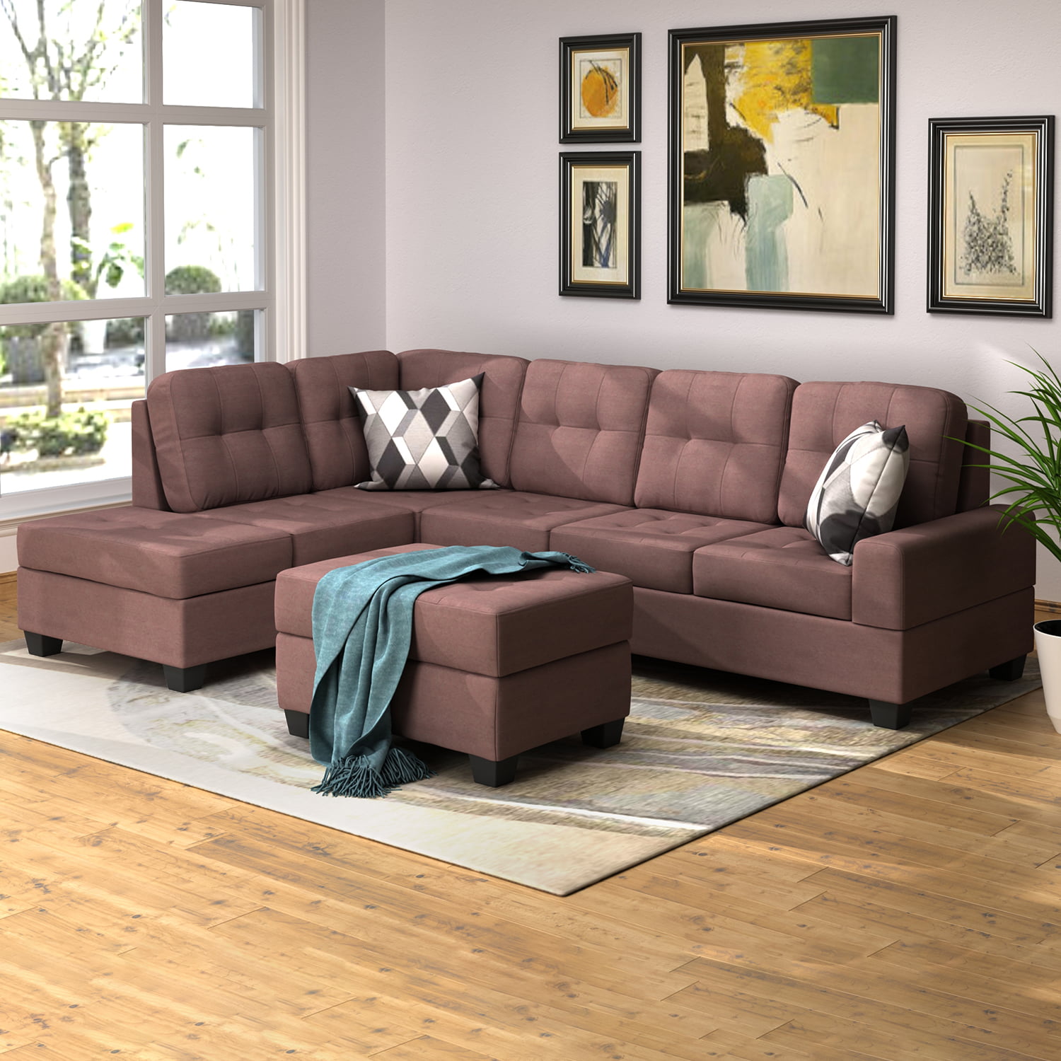 3 Piece Sectional Sofa Microfiber with Reversible Chaise Storage