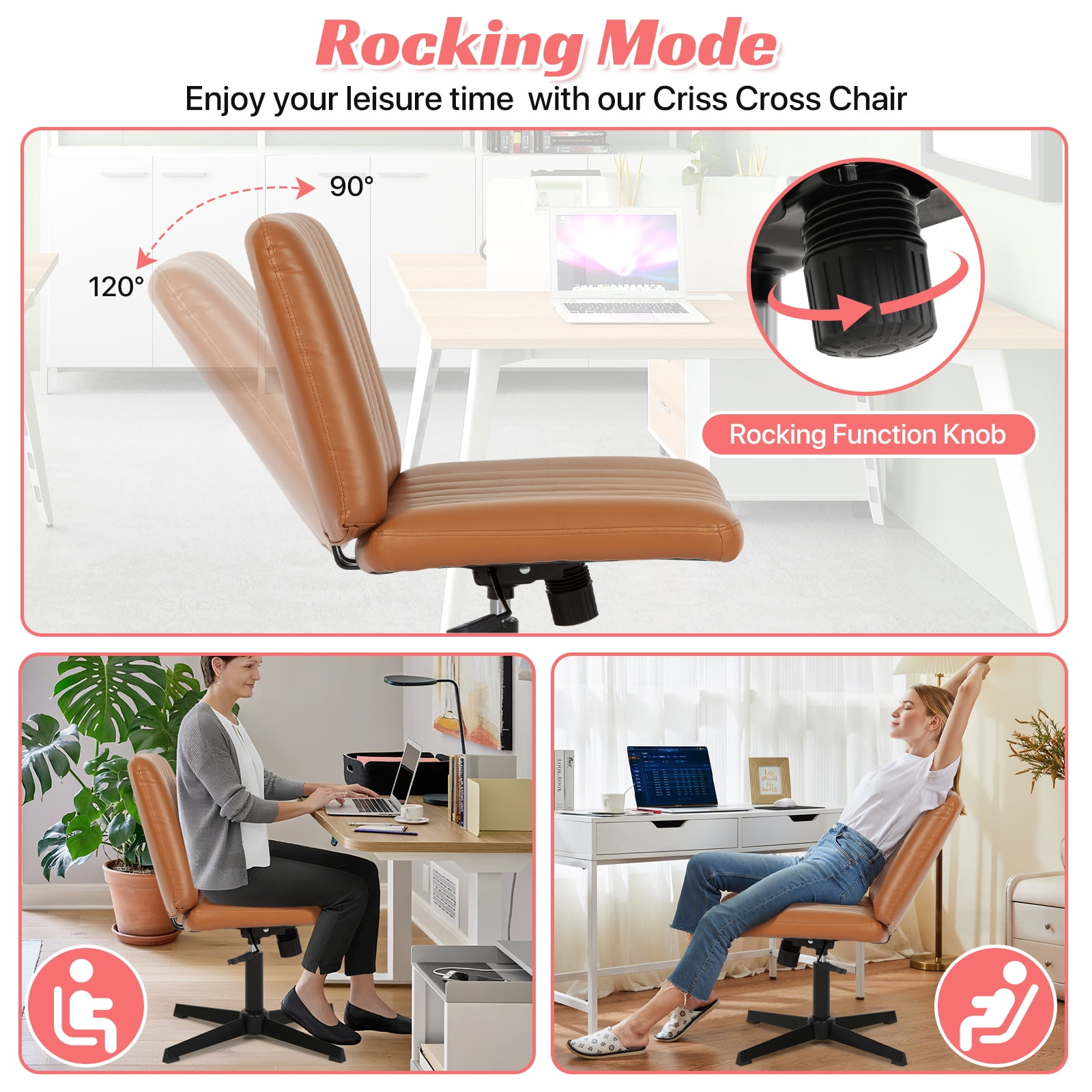 Criss Cross Chair, Armless  Vanity Chair Cross Legged Office Chair,  Adjustable Wide Swivel Desk Chair for Home Office No Wheels, Brown