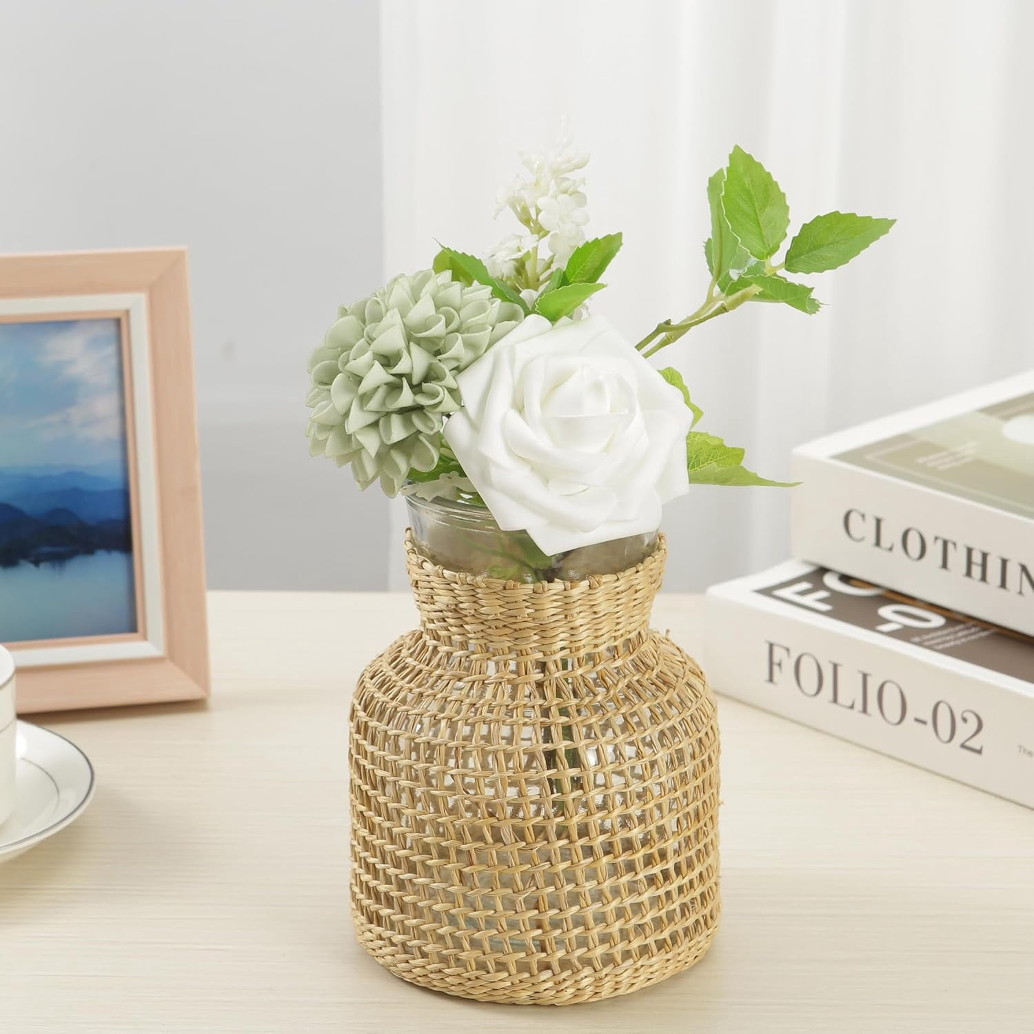 25Pcs Sage Green Artificial Roses and Dahlias with Stems, Fake Flowers for DIY Wedding Bouquets, Centerpieces, Bridal Shower and Home Decorations