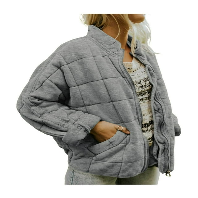 Women Stand Collar Quilted Jackets Long Sleeve Solid Color Full Zip Padded Jackets