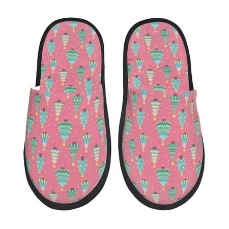 Balery Pastel Christmas Trees on Pink Slient Indoor Furry Fleece Comfort House Shoes Soft Non-Slip Home Shoes Cotton slippers House Slippers-- Large