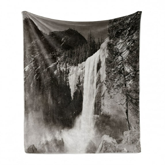 Yosemite Soft Flannel Fleece Blanket, Waterfalls in Yosemite National Park in California Monochromic Old Picture Print, Cozy Plush for Indoor and Outdoor Use, 70" x 90", Black White, by Ambesonne