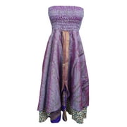 Mogul Womens Sundress Purple Strapless Smocked Bodice Vintage Silk Sari Maxi Skirts