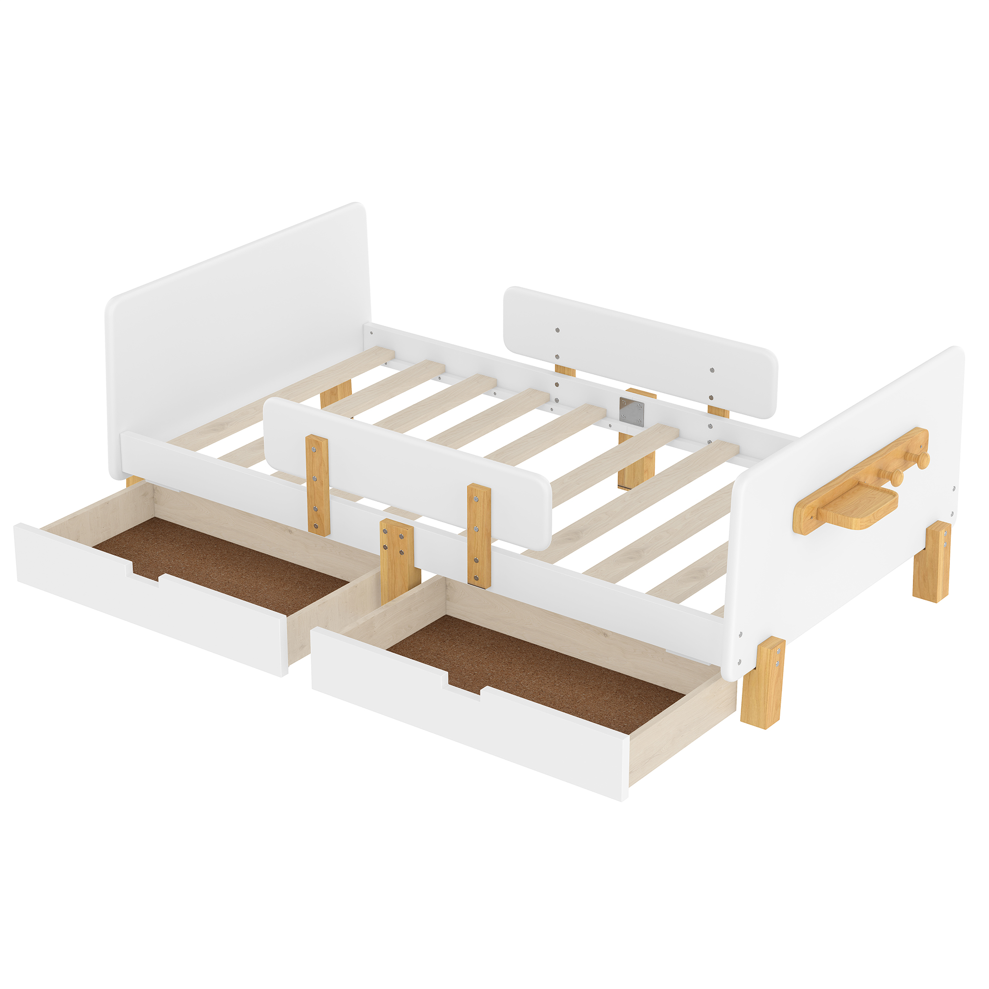 Miniyam Twin Bed with Storage Drawers, Guardrails, Footboard Shelf & Side Hooks for Kid, White