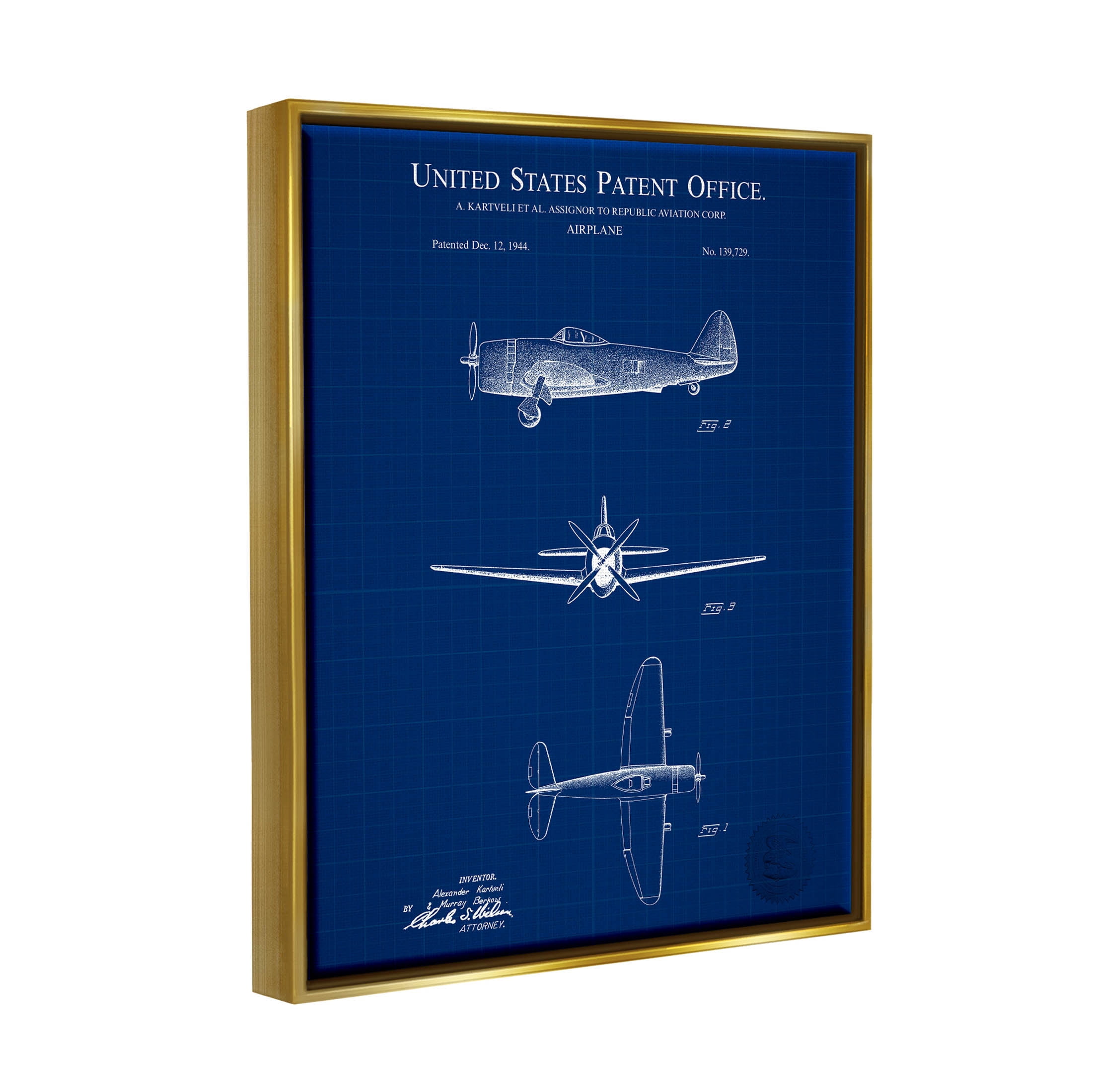 Stupell Industries Detailed US Airplane Blueprint Graphic Art Metallic Gold Floating Framed Canvas Print Wall Art, Design by Karl Hronek