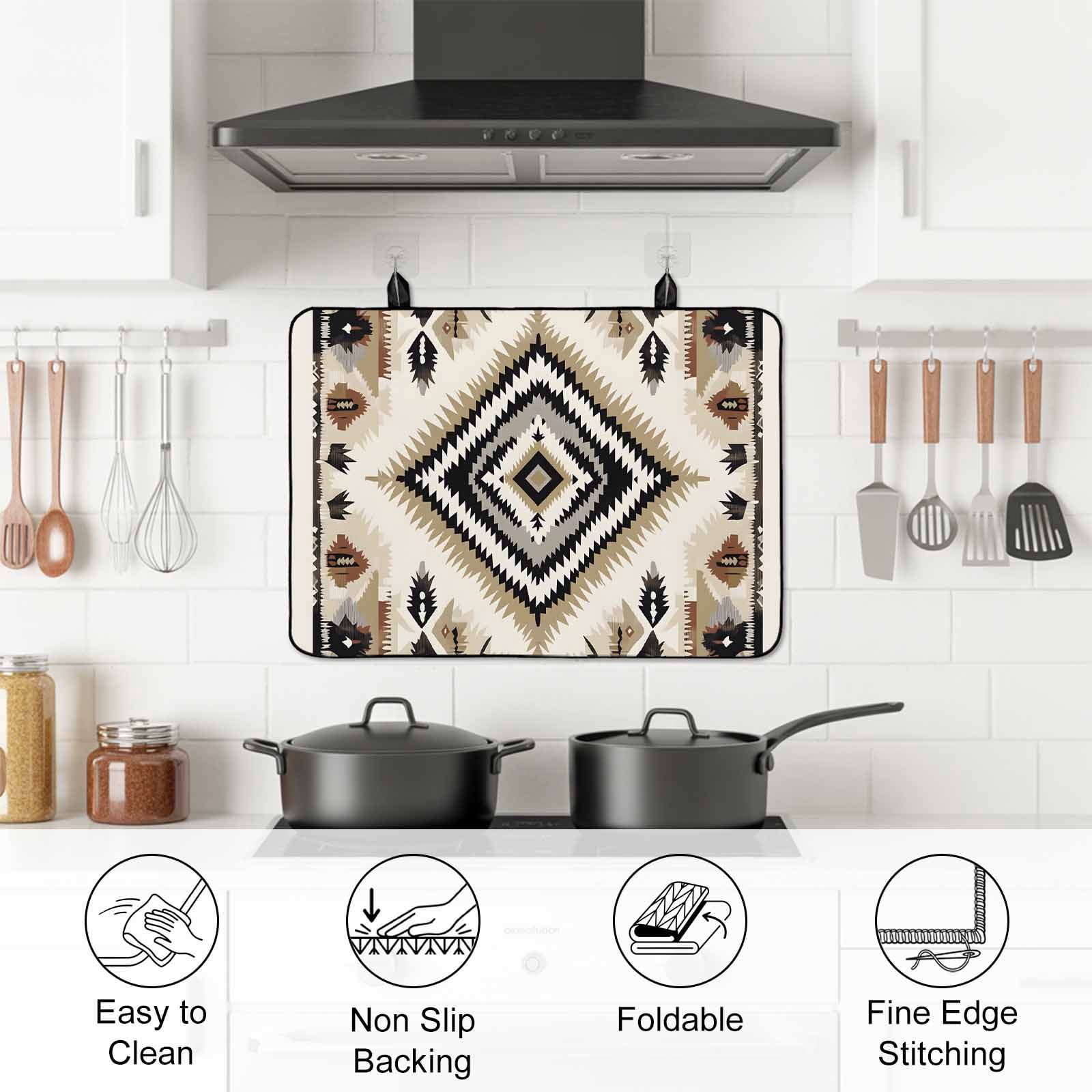 Boho Black Brown Stove Top Cover for Electric Stove, Heat-proof & Non Slip Glass Top Stove Cover Protector, Vintage Geometric Southwestern Ethnic Kitchen Flat Cooktop Rubber Mat 24x21 Inches