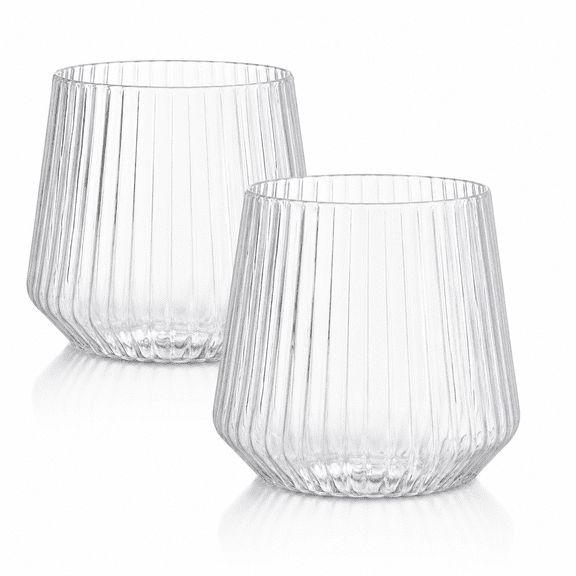 12 oz Clear Ribbed Plastic Wine Glasses, 2 PCS Stemless Origami Ripple Disposable Champagne and Whiskey Glasses, Reusable Drinkware for Weddings & Parties