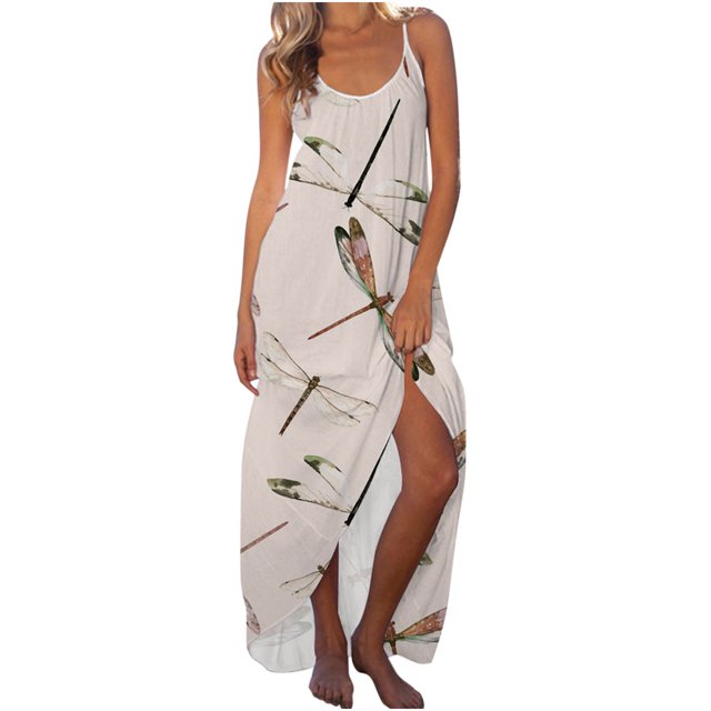 Vestido de playa delgado con estampado sin mangas de cintura media con tirantes a la moda de verano para mujer Fridja hjkh3308
