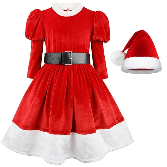 KAWELL Girl Santa Claus Costume Red Christmas Dress and Hat