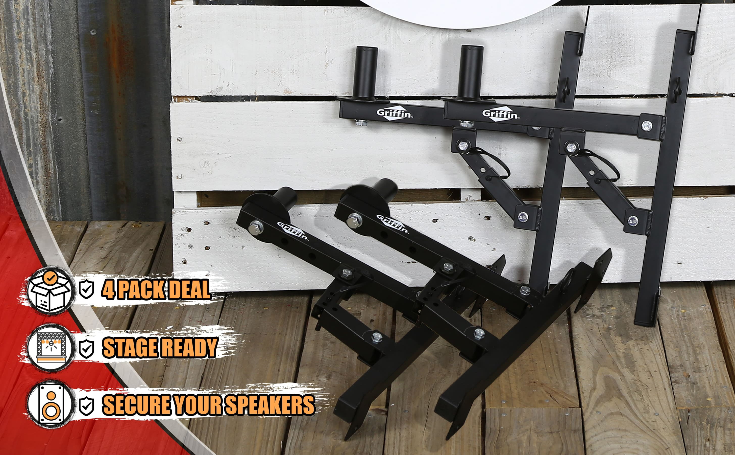 4-PACK Wall Mount Brackets for PA Speakers By Griffin Securing Locking Pin & 3 Horizontal Level Tilt Adjustments DJ On Stage Studio Monitor Stands All Steel Pro-Audio Speaker 35mm Pole Holder
