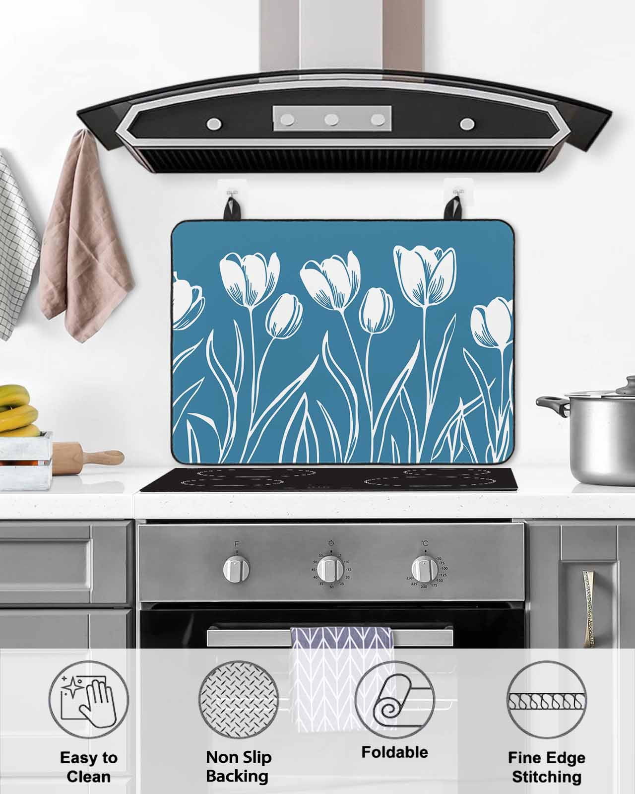 nqOlkjepod Large Induction Cooktop Protector Mat 24"x21", Blue Floral Stove Top Covers for Electric Stove, Country Plant Leaf Botanical Tulip Flower Stove Burner Cover Mats, Glass Top Stove Cover