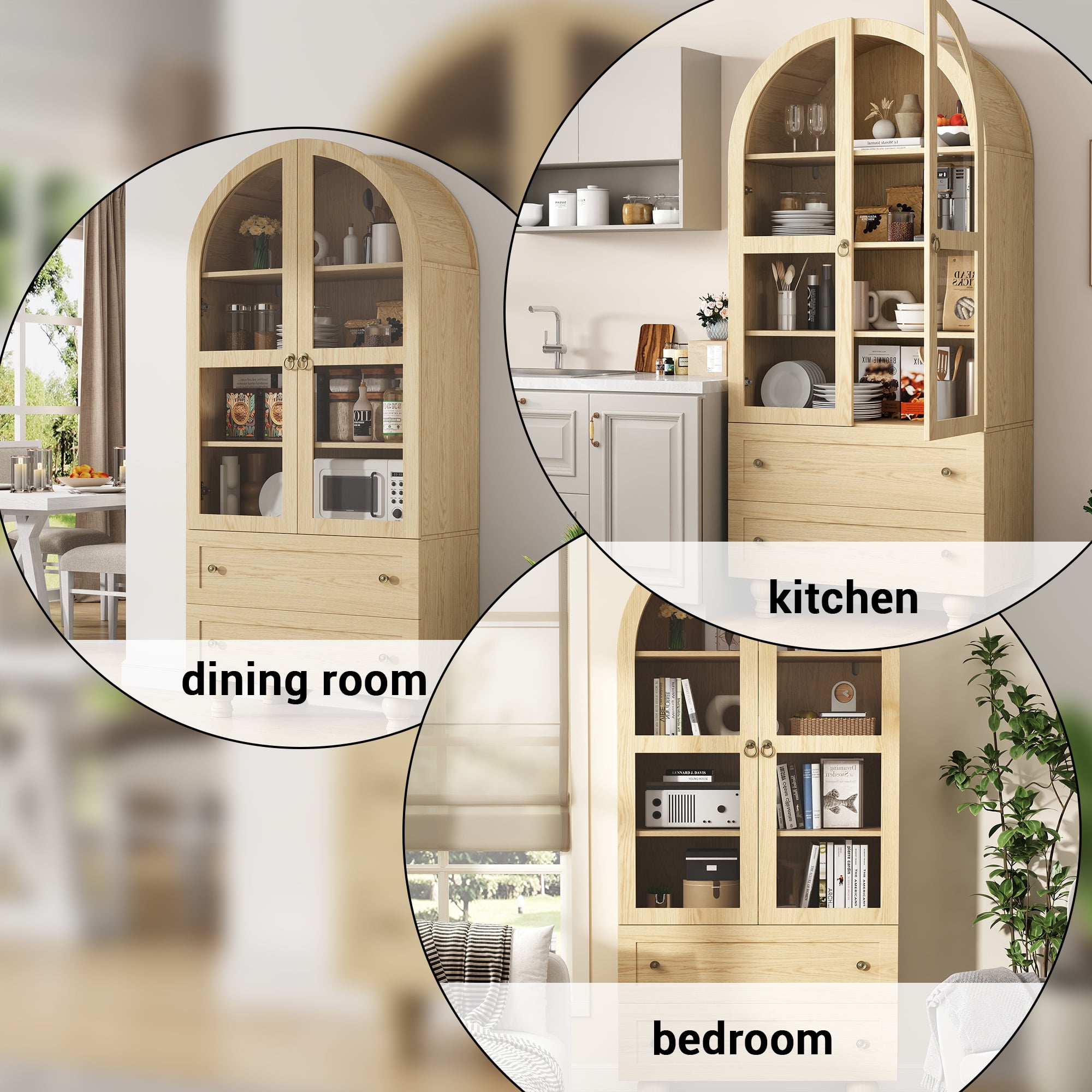 IDEALSOUL Arched Kitchen Pantry Cabinet, 71" Tall Wood Storage Cabinet with 2 Glass Doors, 4 Shelves and 2 Drawers, Food Cabinet for Kitchen, Living Room, Bedroom(Wood color)
