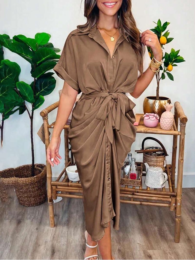 satin tie waist shirt dress Live It Up Satin Tie-Waist Mini Shirt Dress Soft Pink / S