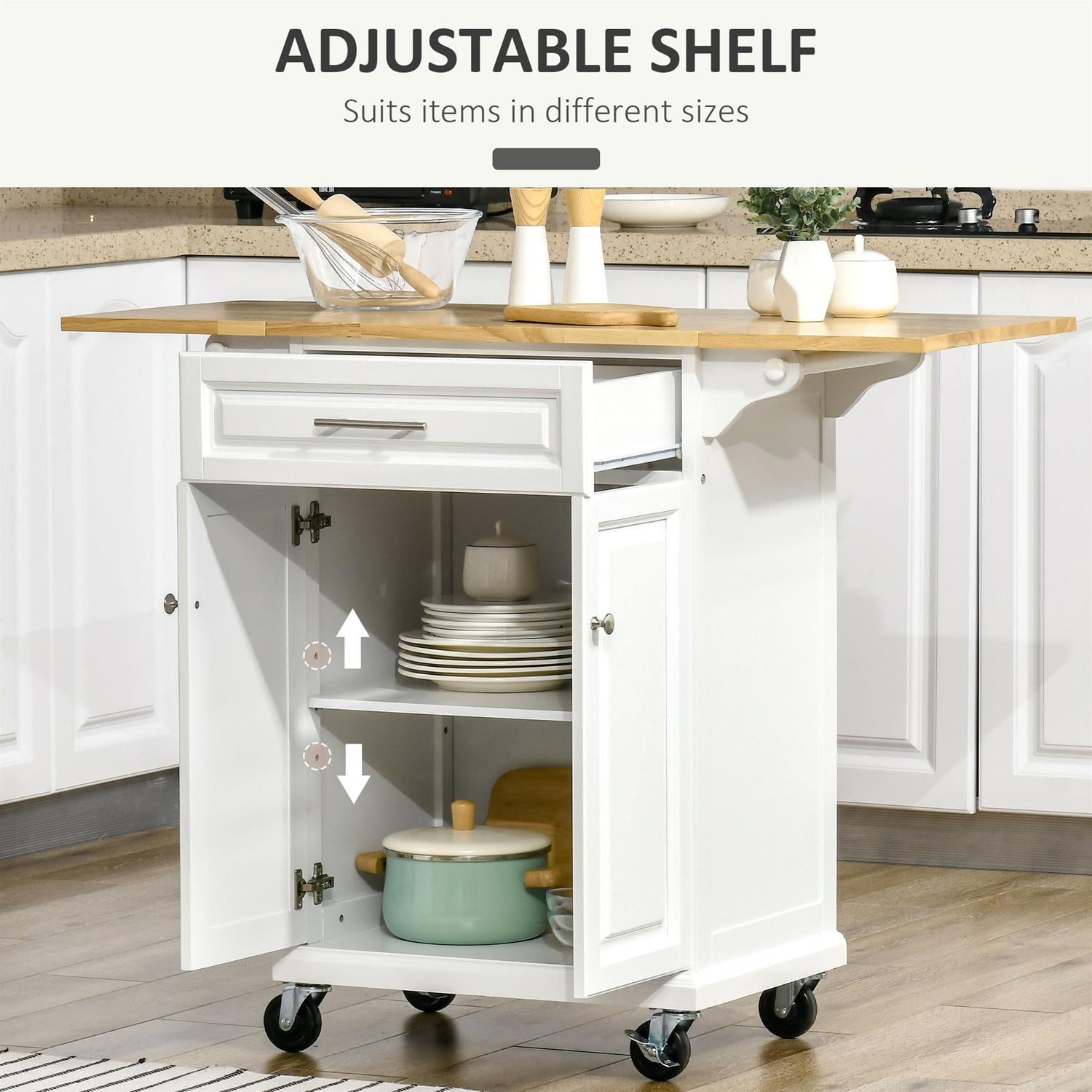 Demi Bonn 47" Kitchen Island with Drop Leaf Design, Trolley Cart & Wheels, Drawer Cabinet & Towel Rack, Natural Wood Top & White Finish for Modern Homes