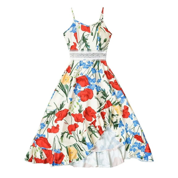 Gelikeya Cute Summer Dresses for Teen Girls Sleeveless Suspenders Multicolor Flowers Prints Casual Dresses Clothes(Toddlers, White, 11-12 Years)