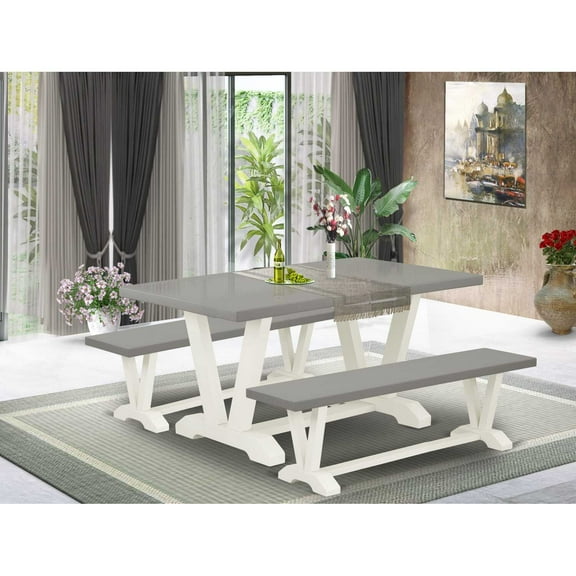 East West Furniture V2-096 3 Piece Small Dining Table Set for 4 - 1 Cement Dinning Table and 2 Kitchen Bench - Stable and Sturdy Constructed - Linen White Finish
