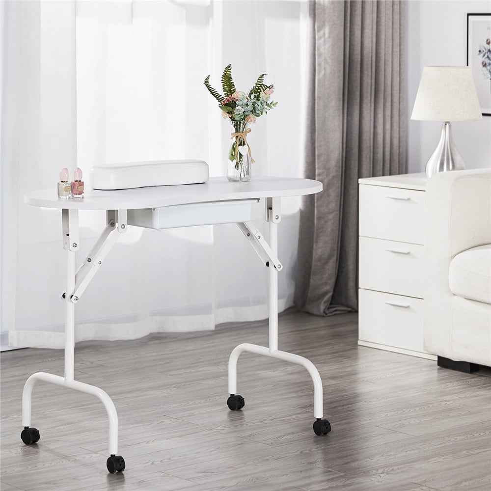 Alden Design Folding Manicure Table with Lockable Wheels and Bag, White