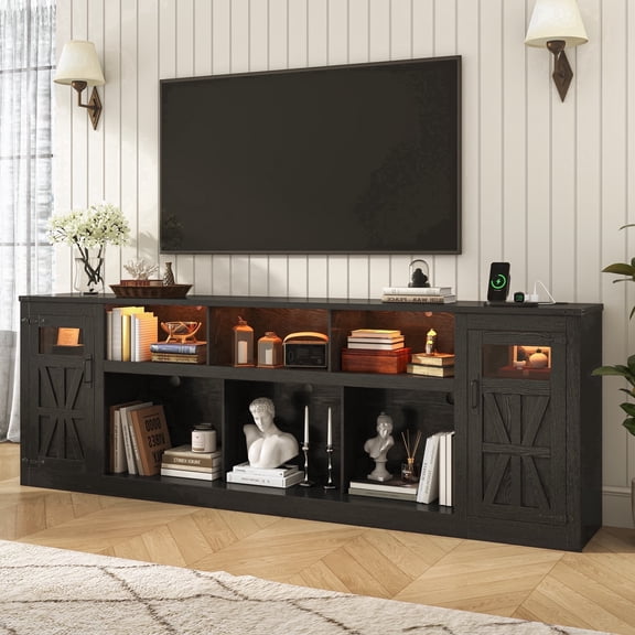 ChVans 95" Farmhouse TV Stand for 90/100"TV with LED Lights & Power Outlets, Large Entertainment Center w/2 Barn Doors Storage Cabinet & 6 Semi-Open Compartments for Living Room, Black