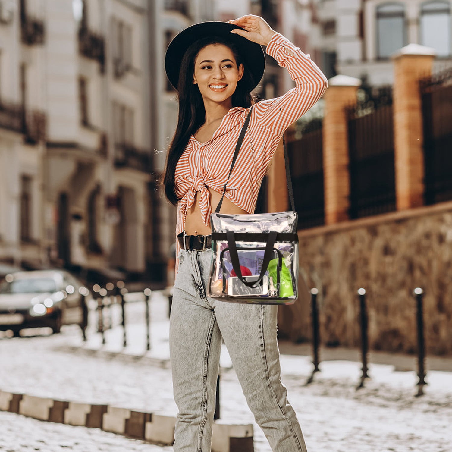 Clear Shoulder Bag Stadium Approved 12×8×11 Clear PVC Tote Lunch Bag with Adjustable Shoulder Strap for Work Travel Sporting Events