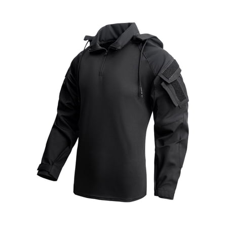 Ceisia Men Color Block Tactical Long Sleeve Shirt Detachable Hood Multi Velcro Pocket Outdoor Combat Top (Black L) Father s Day Gift