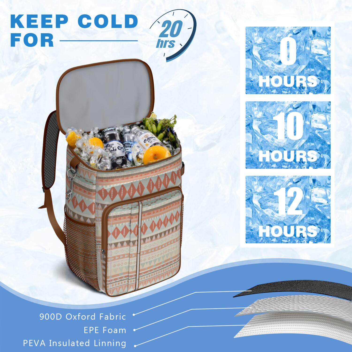 Travel Cooler Bag - Boho Bohemia Pioneer Flower Geometric Line Art Camping Beer Cooler Backpack with Bottle Opener- Waterproof Insulated Picnic Backpacks - Cooler Bag for Beach