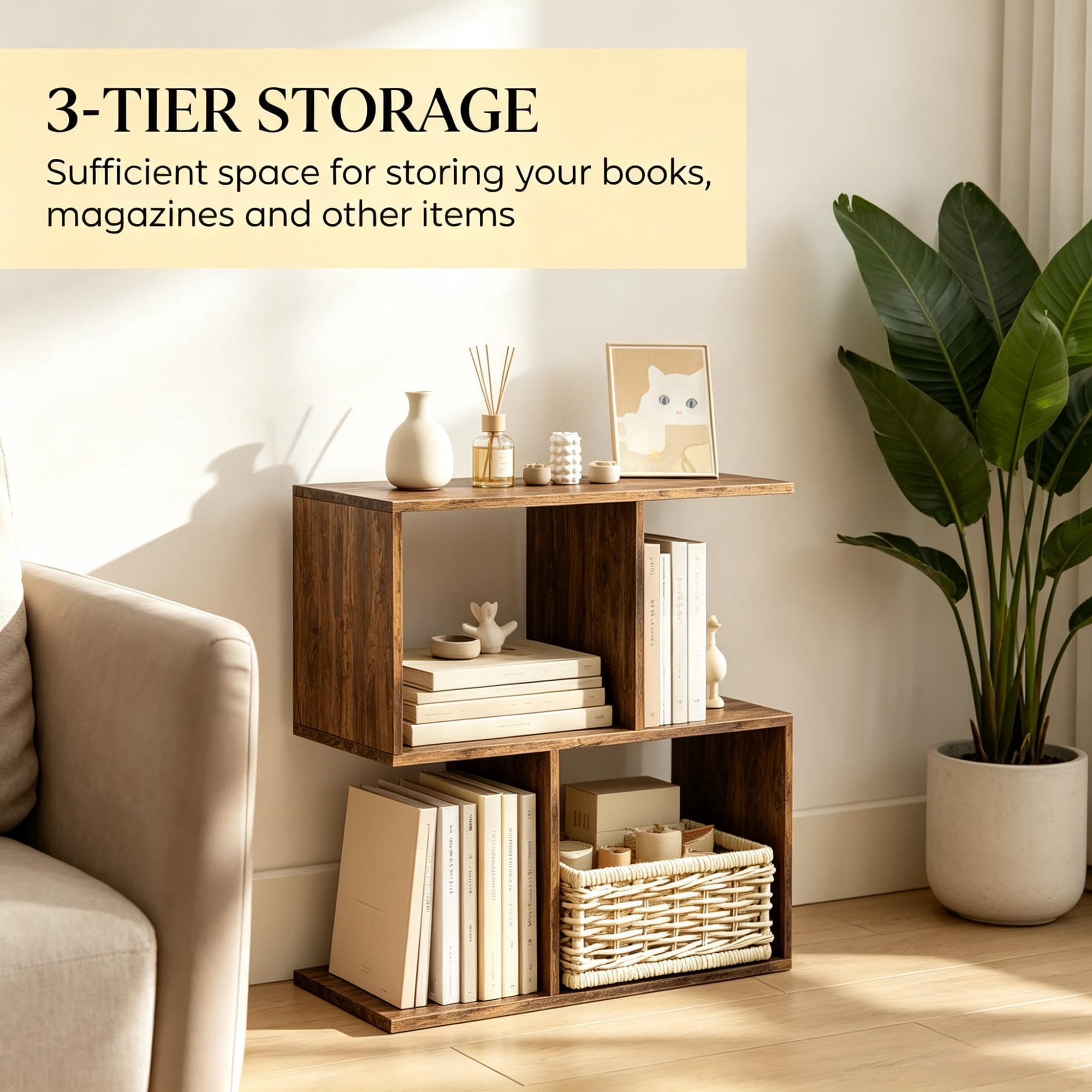 3-Tier S-Shape Side Table with Open Compartments for Narrow Spaces