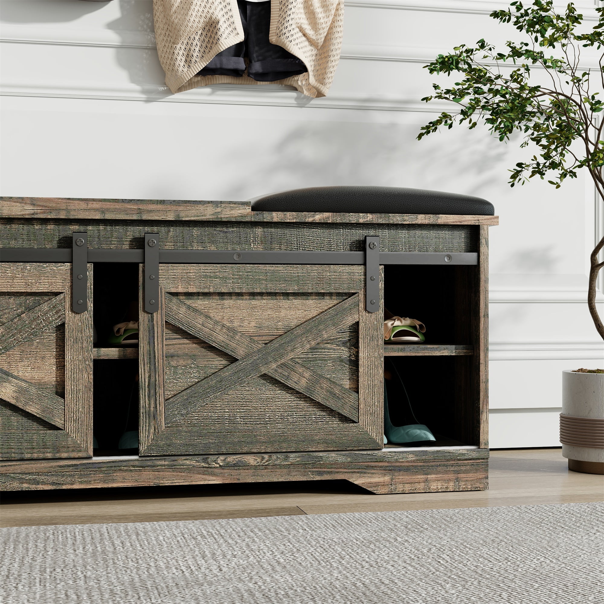 Kepooman Modern Farmhouse Sliding X Barn Door Litterbox Bench with Entry Cutout for Living Room, Old Pine Shoe Bench Kepooman Modern Farmhouse Sliding X Barn Door Litterbox Bench with Entry Cutout for Living Room, Old Pine Shoe Bench