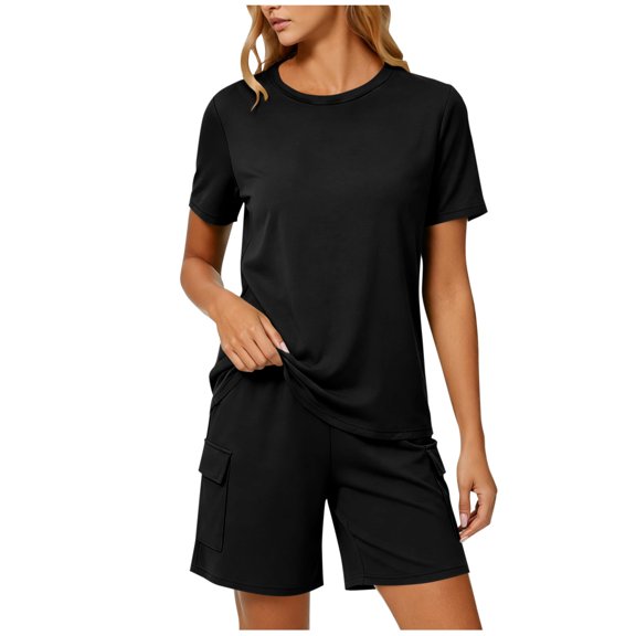 Costeam Womens 2 Piece Cargo Shorts Set Crew Neck Short Sleeve Top Elastic Waist Cargo Shorts with Side Flap Pockets Soft Lightweight Breathable Relaxed Fit Loungewear Pajamas
