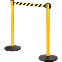 Global Industrial Retractable Belt Barrier, 40" Yellow Post, 11' Black/Yellow Belt, Lot of 2