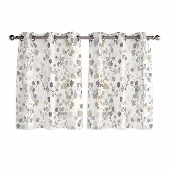 Gray Botanical Kitchen Curtains Short 54 Inch Length, Farmhouse Spring Summer Floral Leaves Grommet Top Bedroom Living Room Curtains, Light Filtering Cafe Curtain Drapes 2 Panels Set 84''x54''