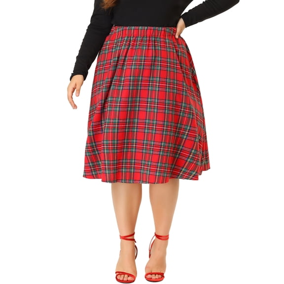 Unique Bargains Women's Plus Size Velvet A Line Knee Length Plaid Print Flare Skirt