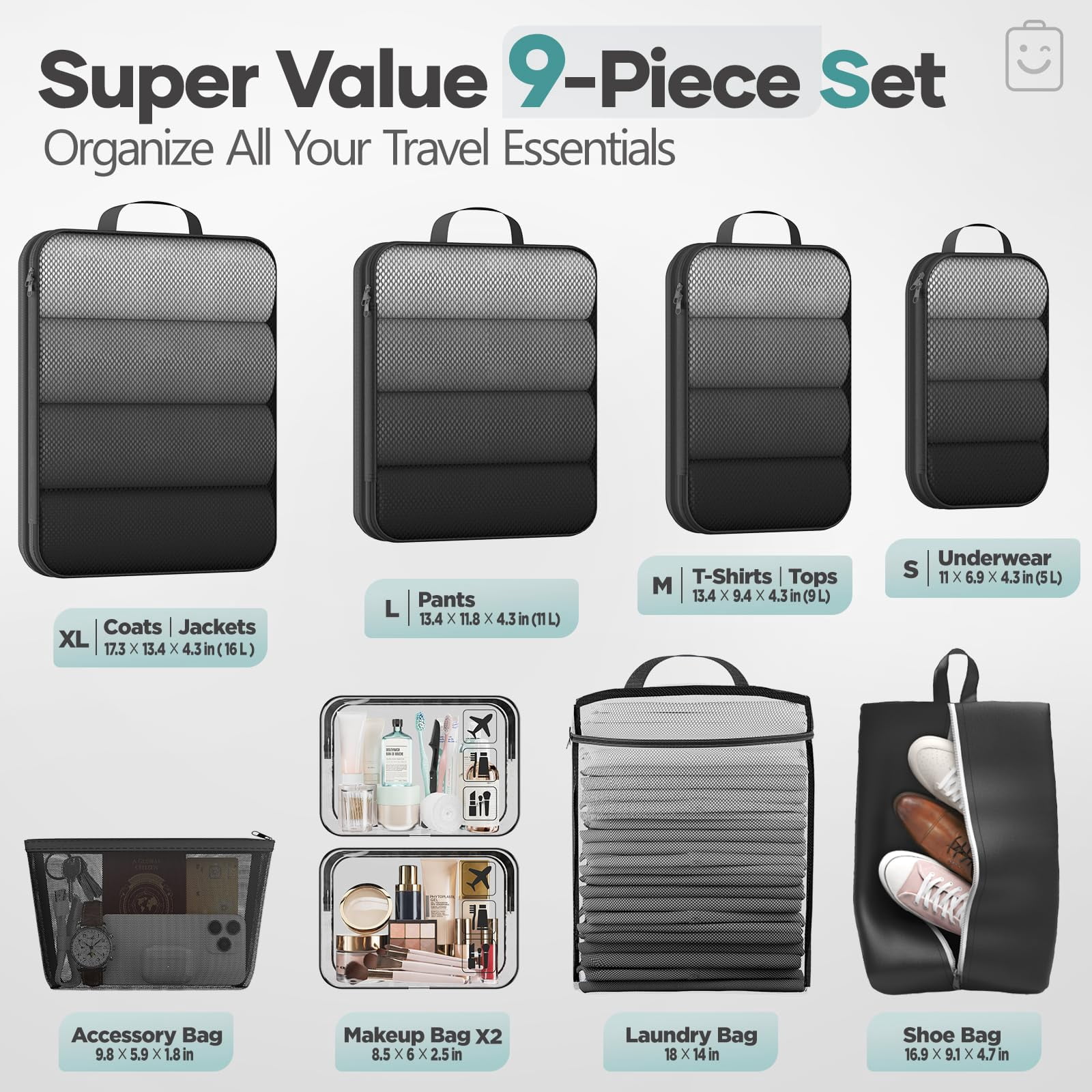 9/11 Set Packing Cubes For Travel Compressible Expandable Large Luggage Suitcase Organizer Bags Clothing Durable Space Saver Storage With Toiletry Bags(black)