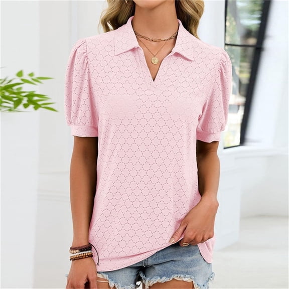 Roncen Womens Summer Tops Polo V Neck T Shirts Puff Short Sleeve Lapel Collared Work Blouses Eyelet Tunics