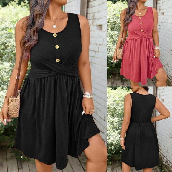 WRKEKC Casual Dresses for Women, Summer Dresses for Women, Women's Plus Size Trendy Solid Color Round Neck Sleeveless Casual Comfortable Button Travel Beach Vacation Pleated Dress