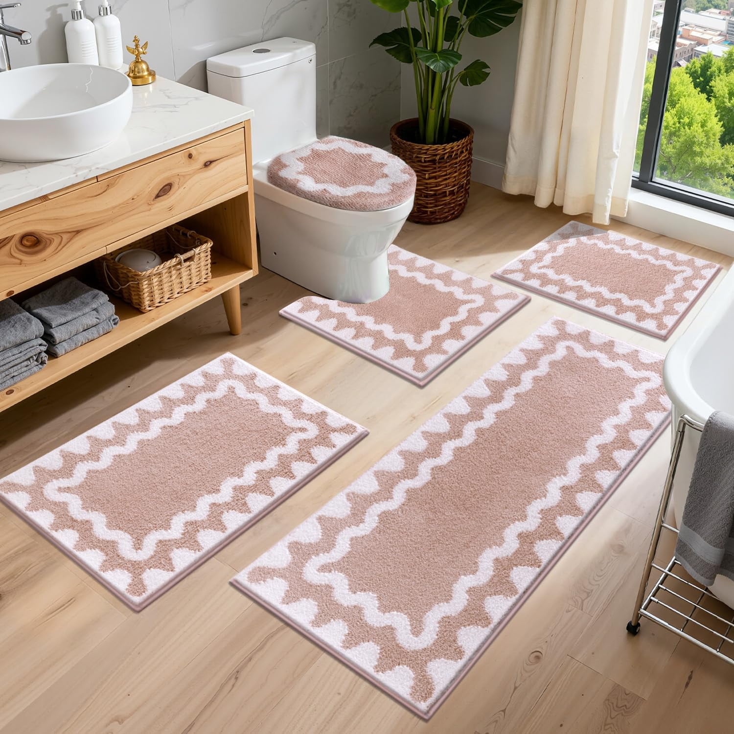 Bathroom Rugs Sets 5 Piece, Absorbent Soft Non-Slip Washable Microfiber Shaggy Bath Mat Set with Bathroom Runner Rug, U-Shaped Toilet Rugs, Shower Rug & Toilet Lid Cover, Navy-White