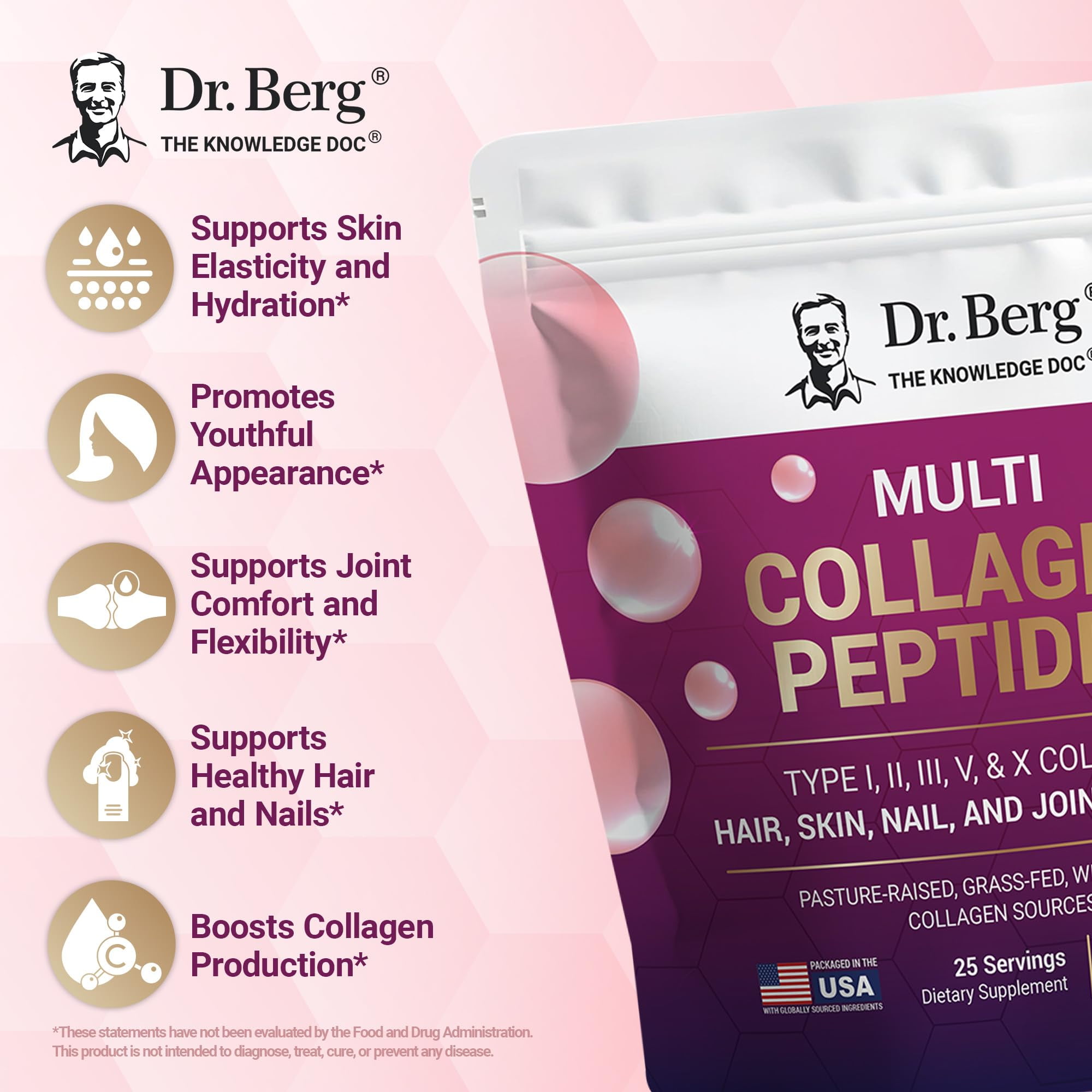 Dr. Berg Multi Collagen Peptides Powder - Types I, II, III, V, X Collagen Powder for Hair, Skin, Nails, & Joint Health, 25 Servings