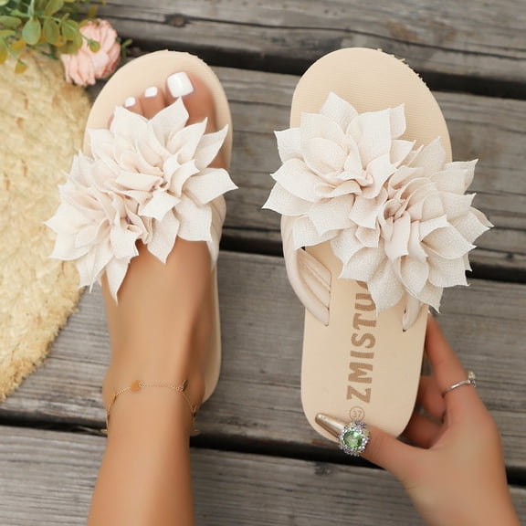 Women's 3D Flower Flip Flops Non-slip Soft Sole Casual Summer Beach Footwear Beige 36