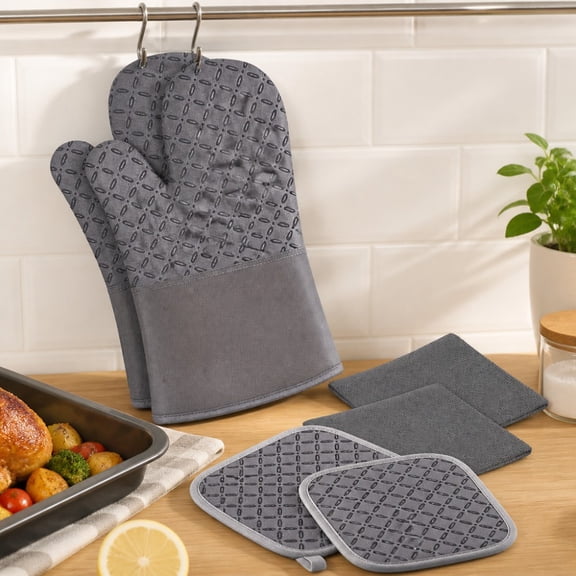 6Pcs Gray Oven Mitts and Pot Holders Set, 500°F High Heat Resistant Extra Long Oven Gloves, Non-Slip Silicone Surface Kitchen Hot Pads for Baking, Cooking, Grilling