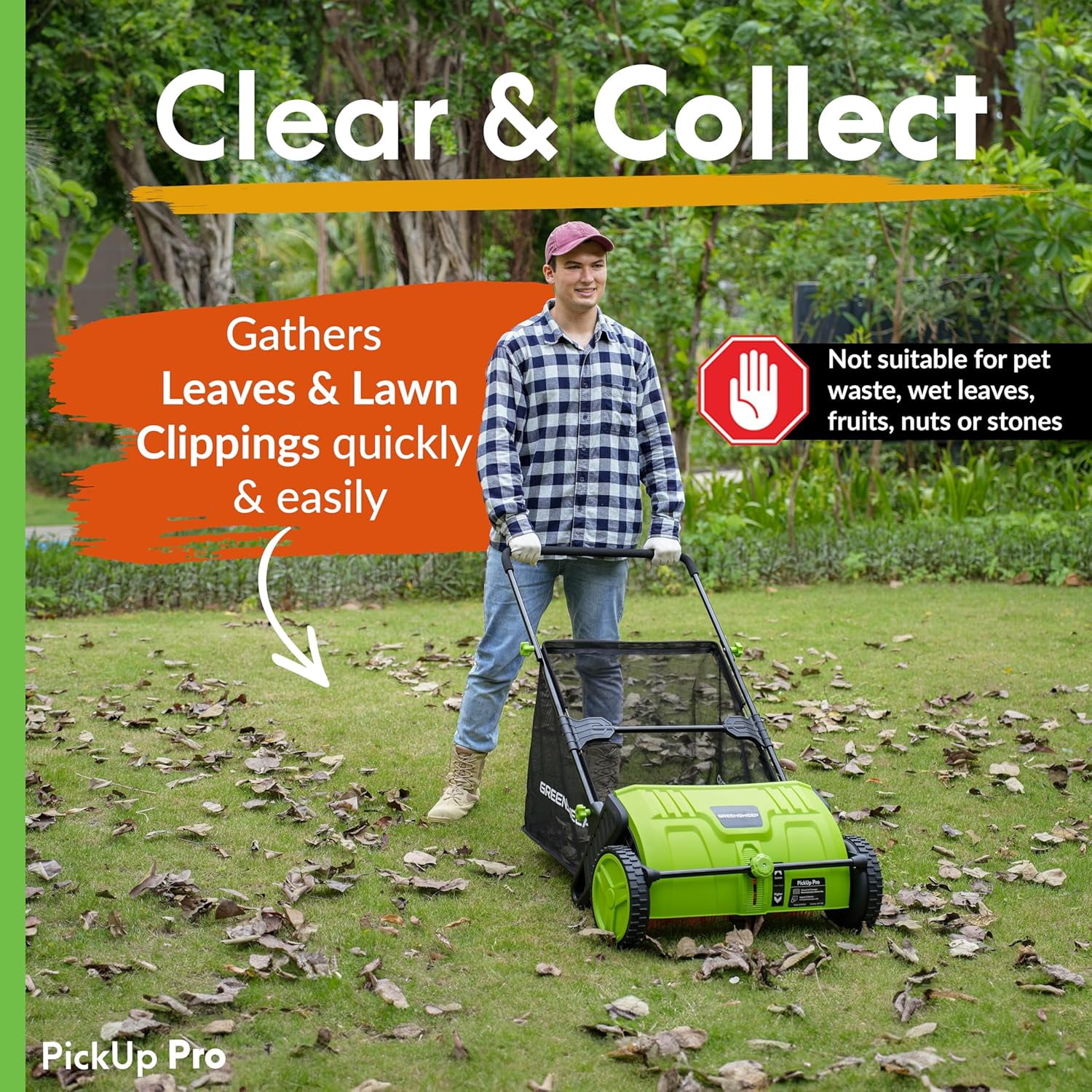 GreenSweep PickUp Pro 2 Leaf & Lawn Sweeper, Push Powered Manual Yard Sweeper with 3.65 ft³ Hopper and Tool-Free Height Adjustment