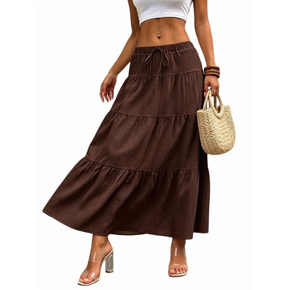 Women Solid High Waist Tiered Pleated A-Line Maxi Cake Skirt Dark Brown M