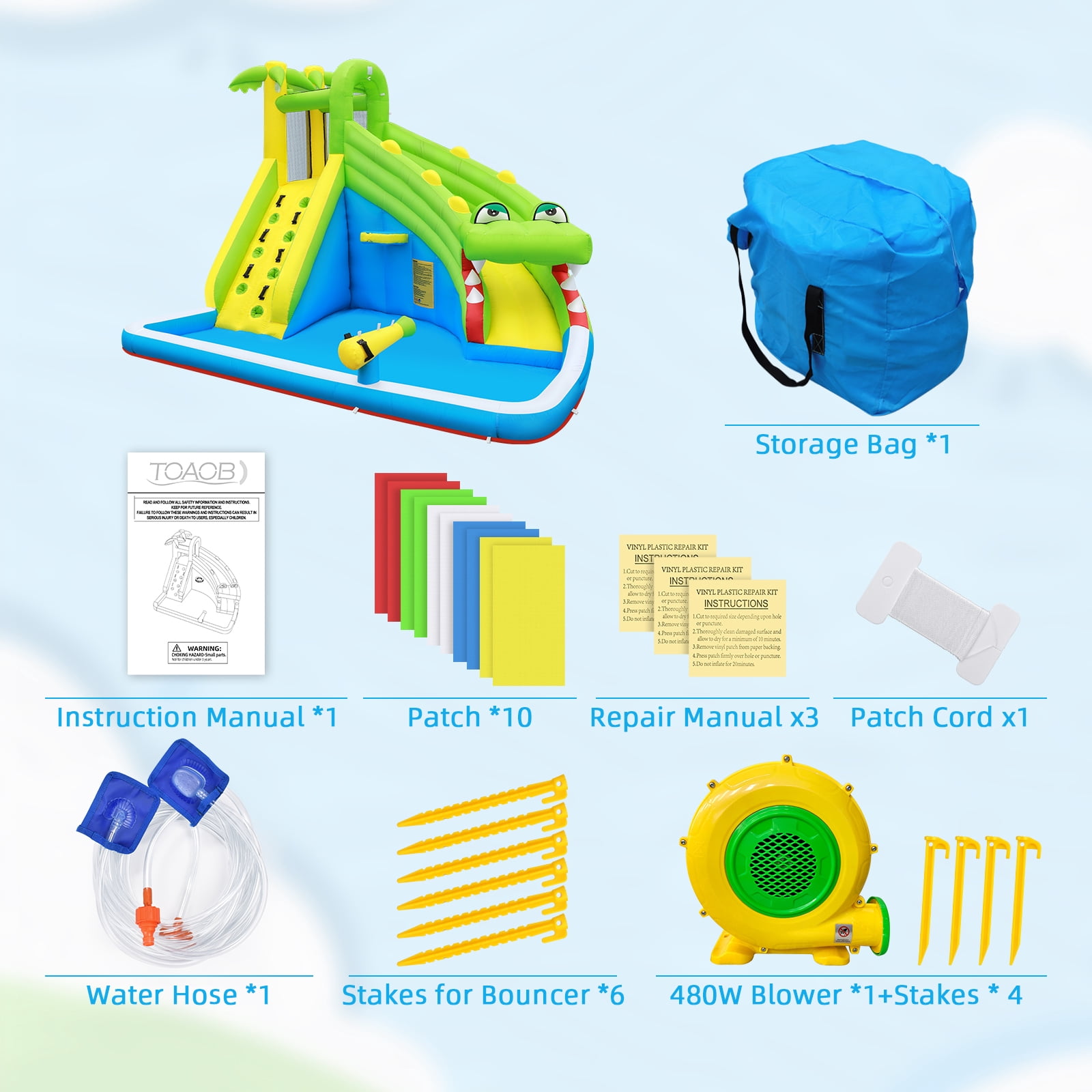 Inflatable Water Slide：5 in 1 Crocodile Bounce House Water Park for Kids - Climbing Wall Splash Pool Water Cannon Basketball Rim - 480W Blower - for Indoor Outdoor Backyard Birthday Party