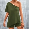 thumbnail image 6 of Summer Lounge Set for Women Solid Color 2 Piece Outfits Short Sleeve One Shoulder Tops Shorts Pjs Sleepwear Soft, 6 of 7