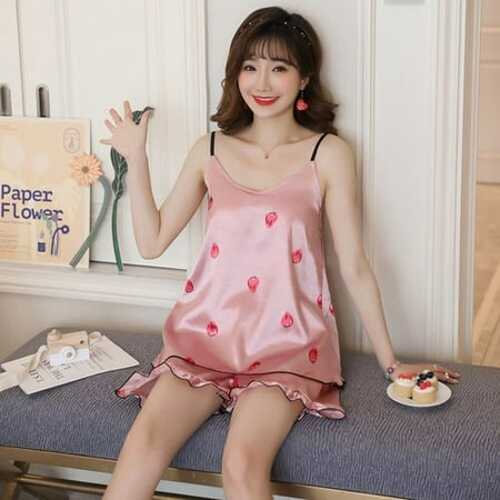 

DanceeMangoo WAVMIT Summer Sleepwear Set New Thin Silk Sling Shorts Dee Sexy Pajama Set Sling Womens Home Cloth Print Pyjamas with Chest Pad