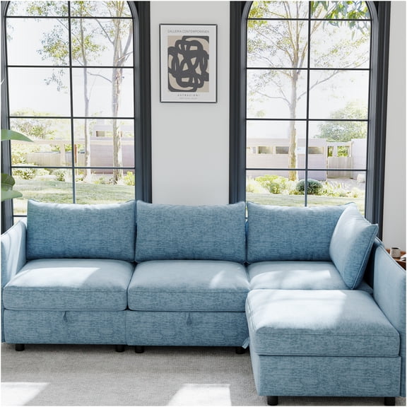 JERFIT 4-Piece Modular Sofa Set with Storage Ottoman, Convertible Sleeper Sectional Couch, Chenille Fabric, Antique Blue, for Living Room