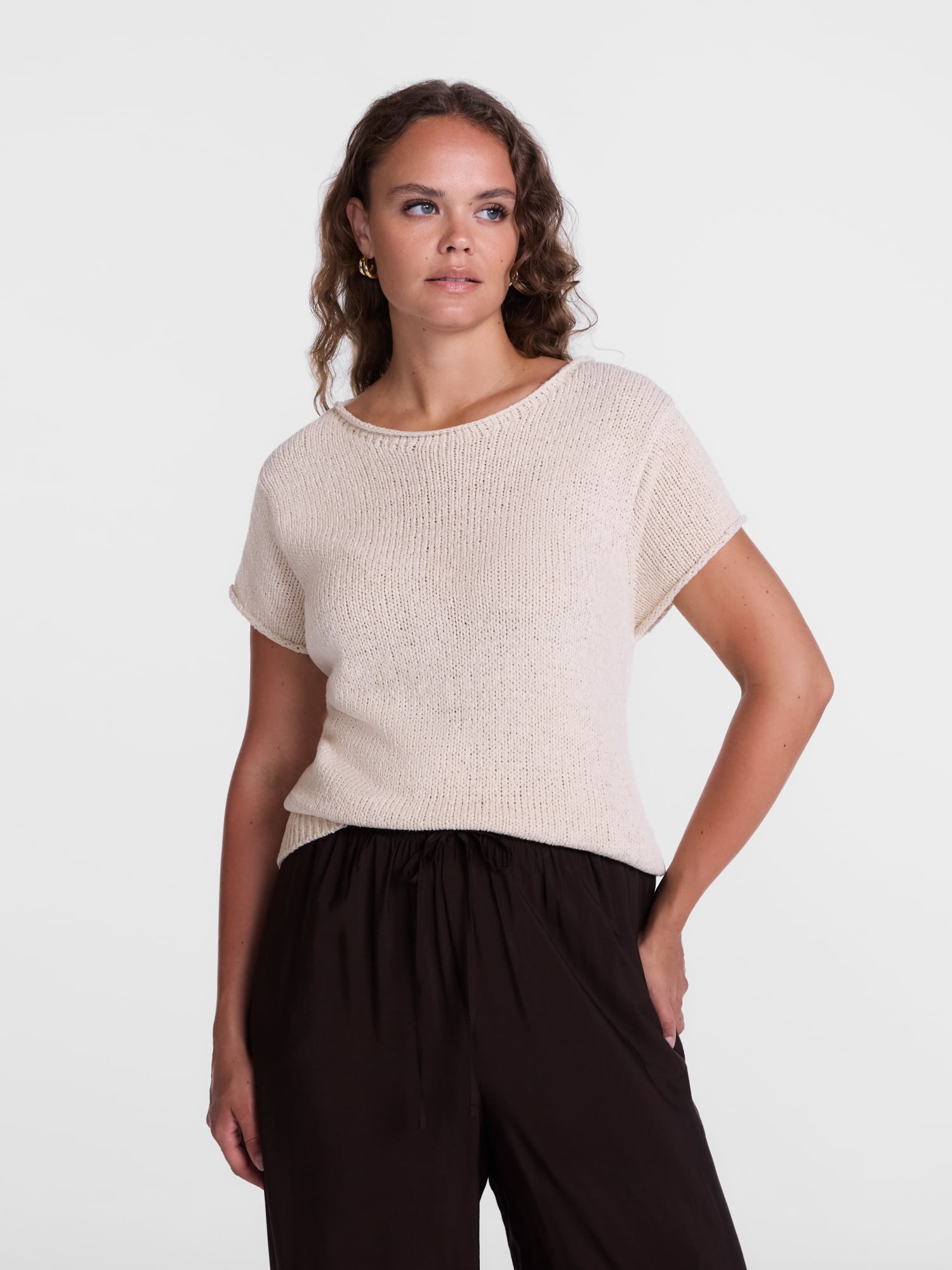 Scenario Women's and Women's Plus Pullover Rollneck Lightweight Sweater with Short Sleeves, Sizes XS-4X