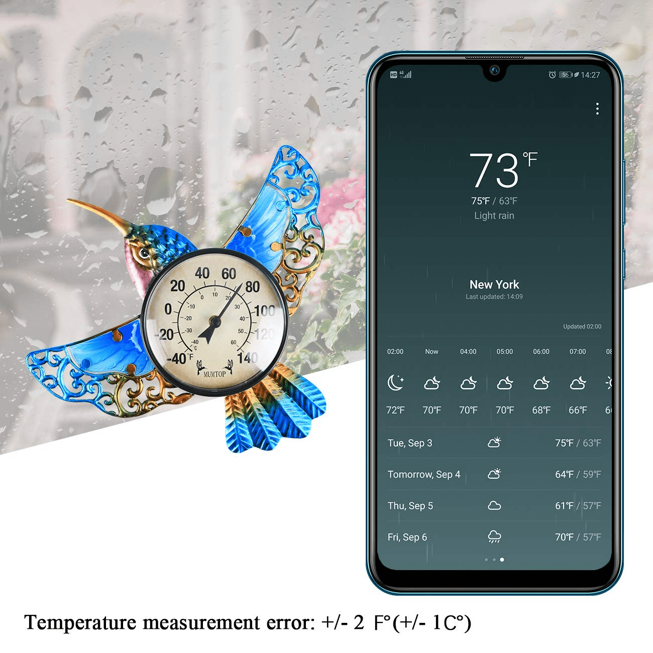 WONDER Garden Thermometer Indoor Outdoor Patio Blue Hummingbird with Waterproof Feature for Outdoor Decor,Wall Mountable,Weather Resistant